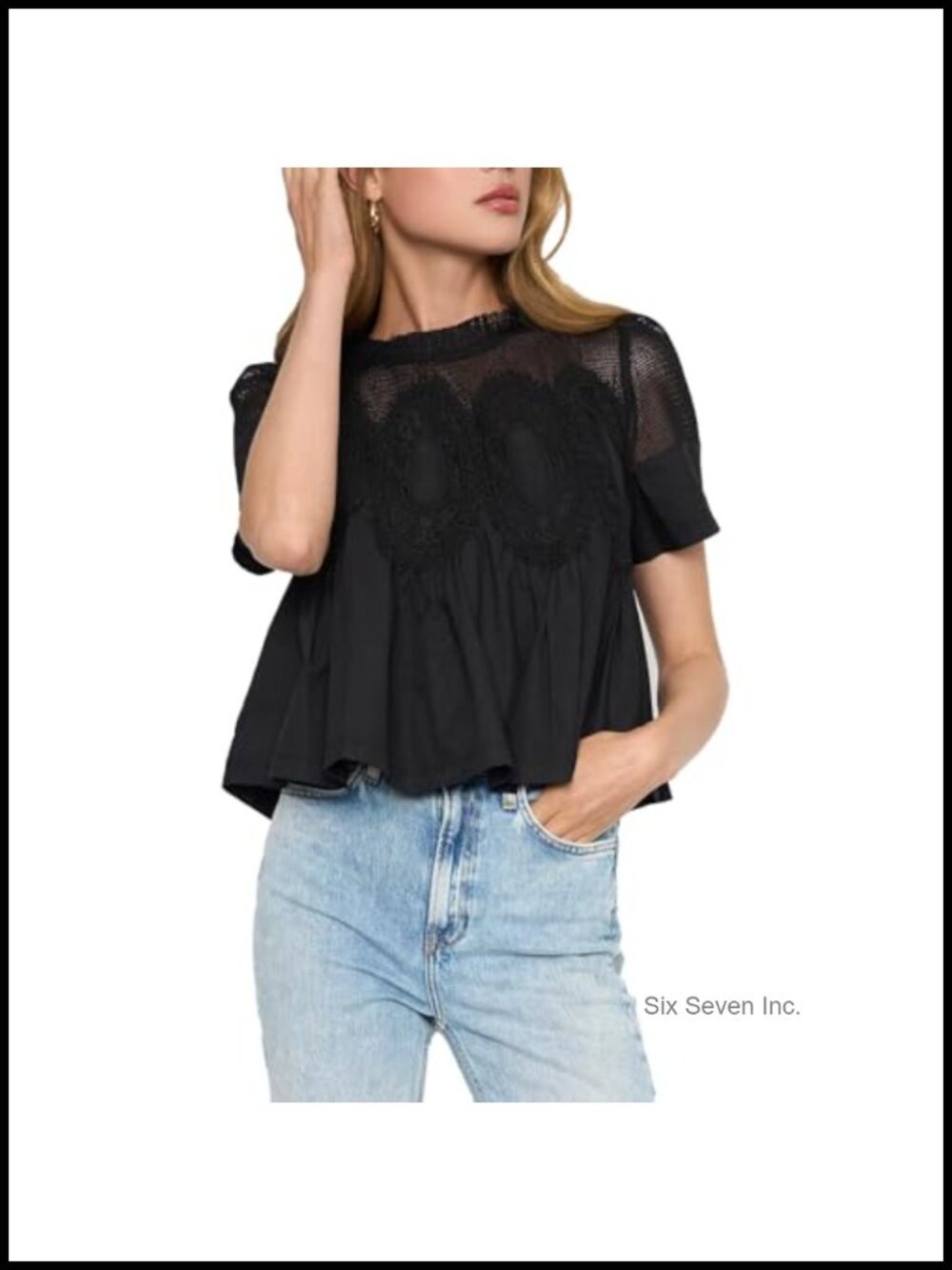 Babydoll Blouse Short Sleeve Lace Detail Cotton-Blend Poplin Top